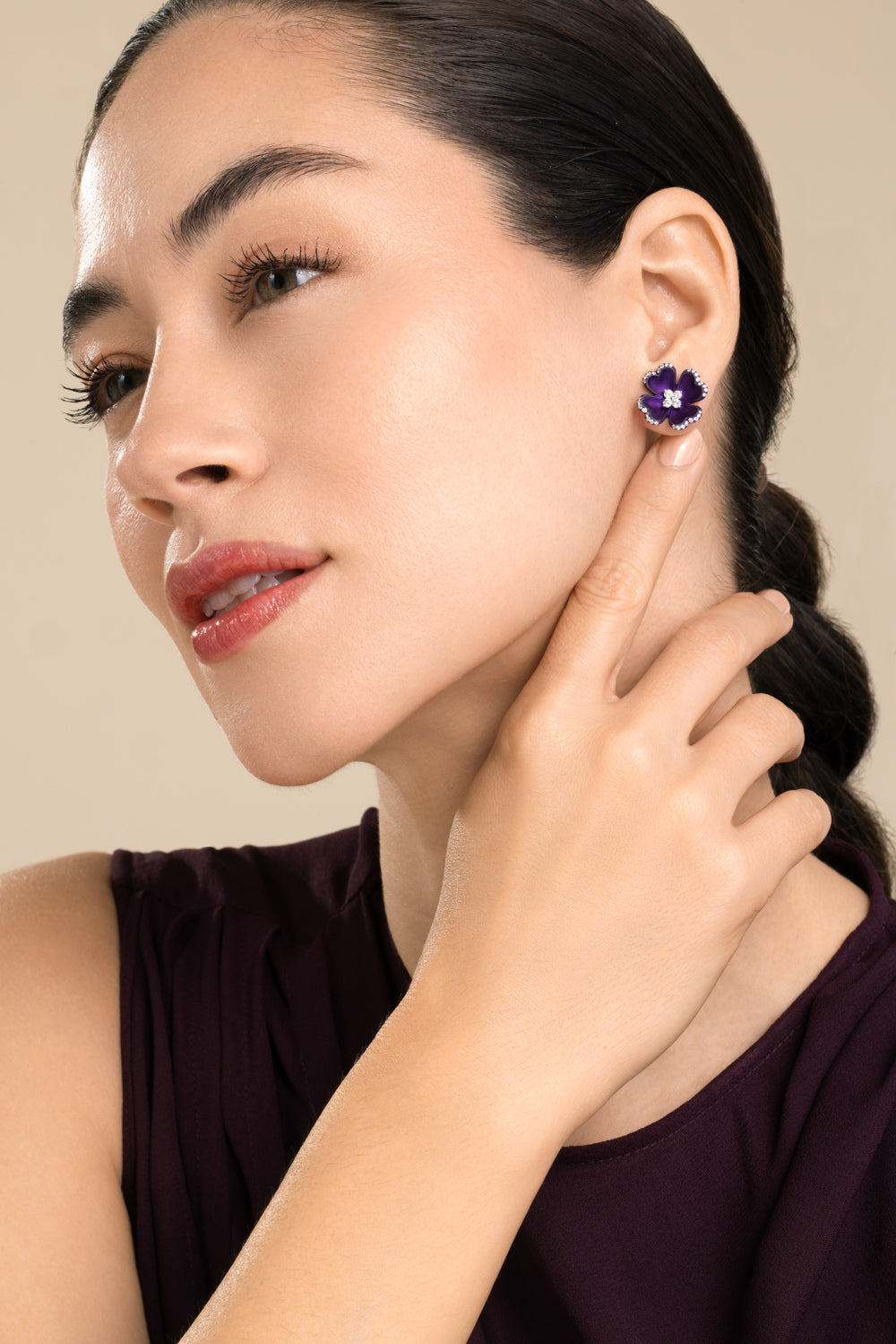 Diamond Purple Flower Stud Elemento Earrings