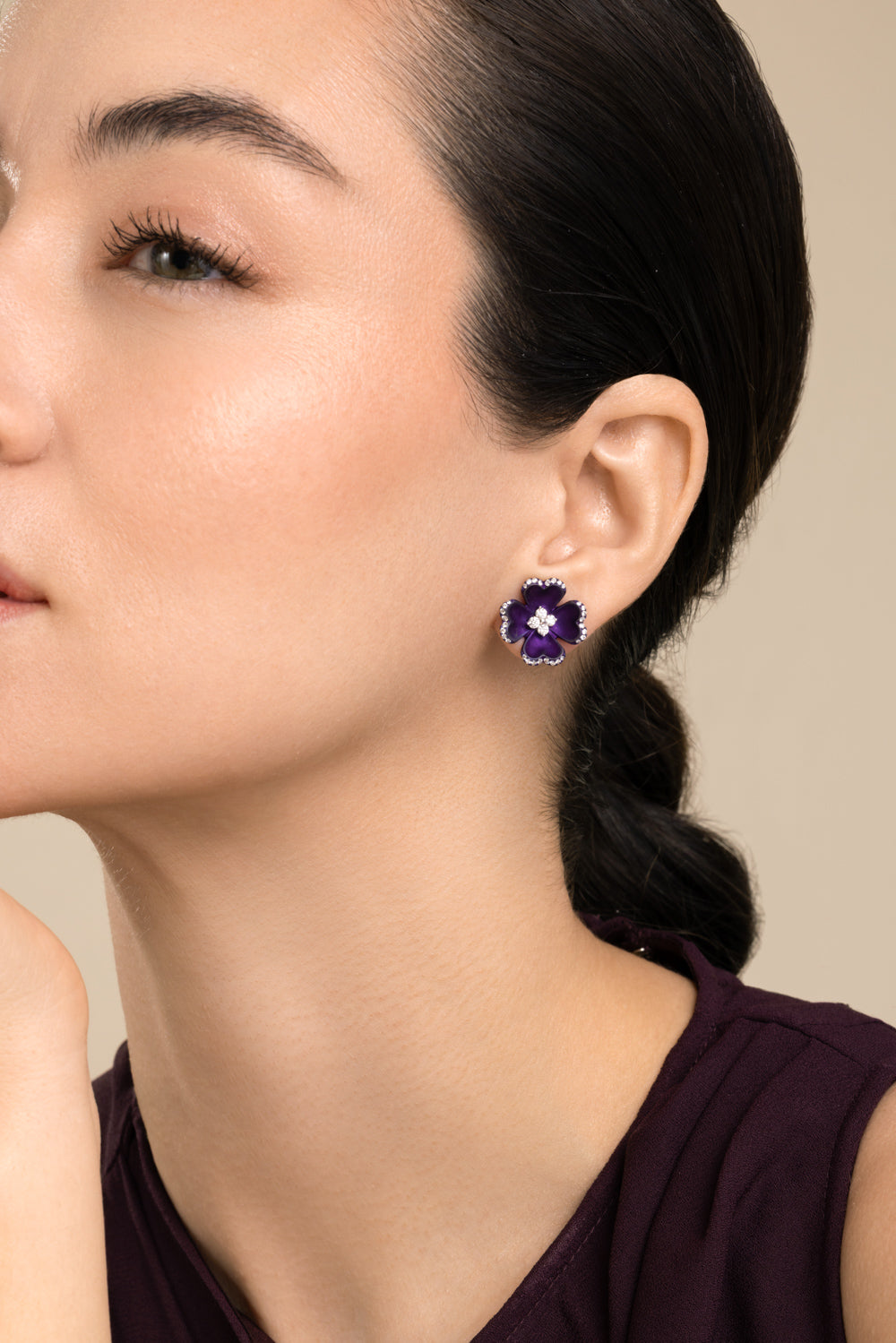 Diamond Purple Flower Stud Elemento Earrings