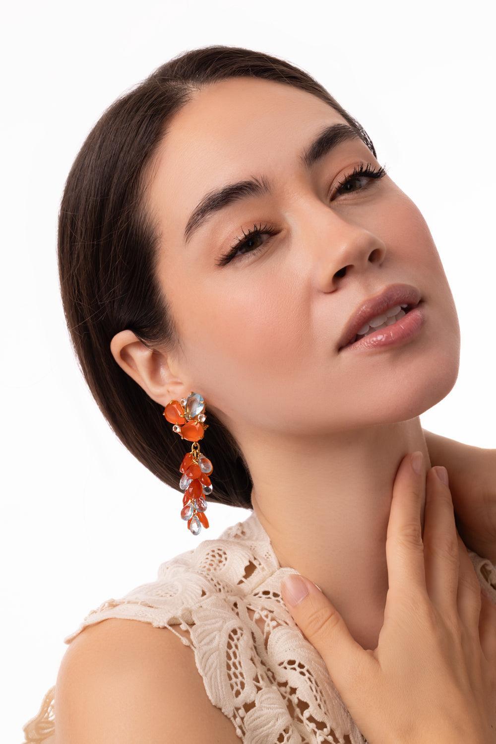 Carnelian Brilliant Earrings-ORNG/BL-JEWELRYBOUTIQUEEARRING-BOUNKIT JEWELRY