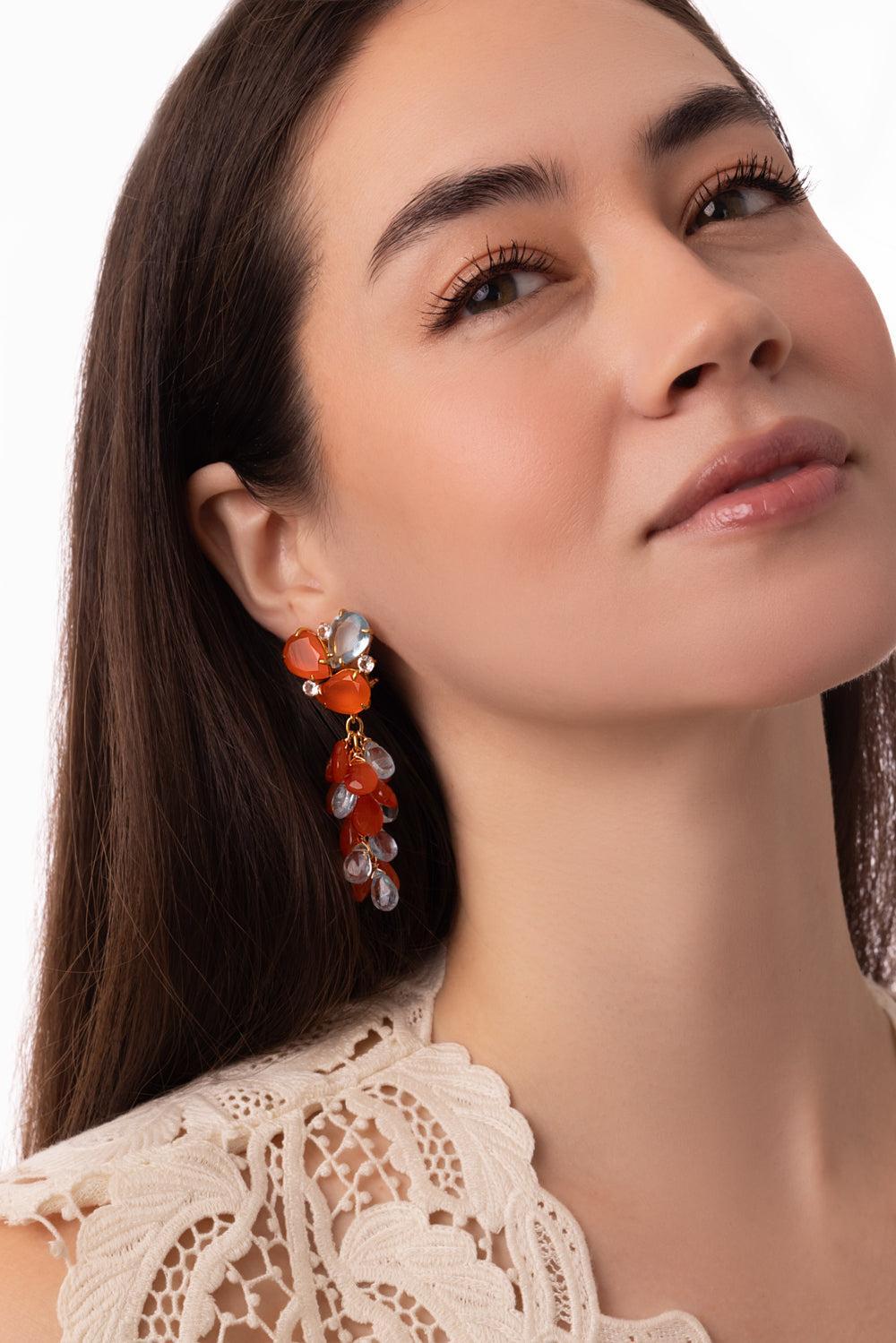 Carnelian Brilliant Earrings-ORNG/BL-JEWELRYBOUTIQUEEARRING-BOUNKIT JEWELRY