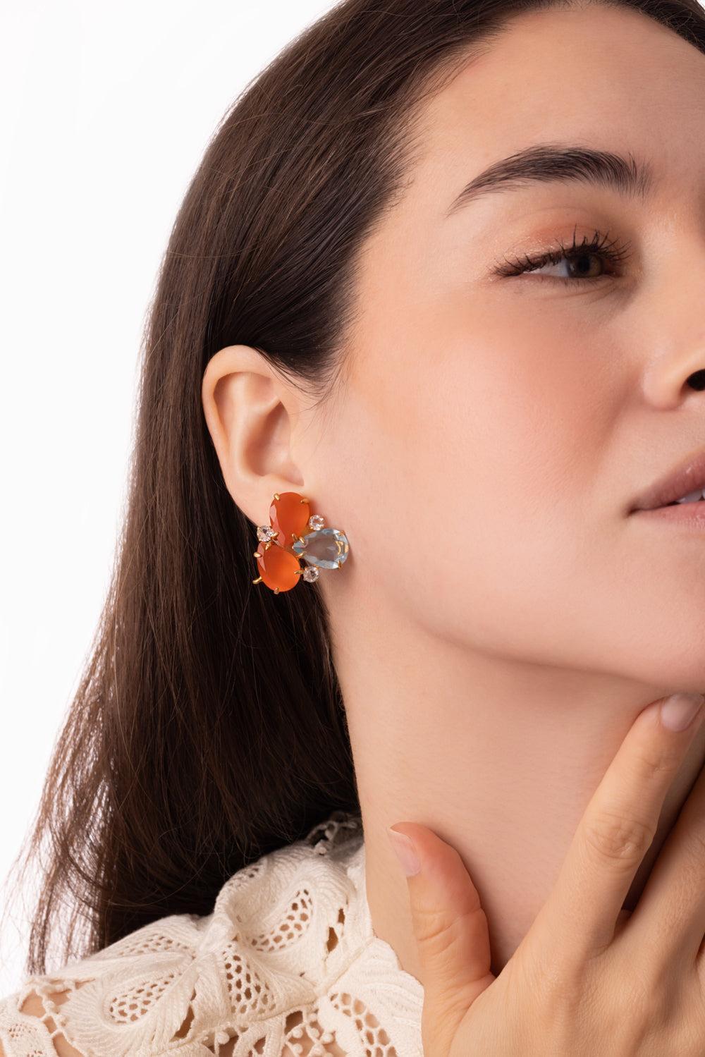 Carnelian Brilliant Earrings-ORNG/BL-JEWELRYBOUTIQUEEARRING-BOUNKIT JEWELRY