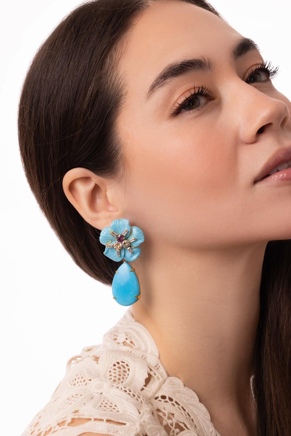 Turquoise Flower Drop Earrings-BLUE-JEWELRYBOUTIQUEEARRING-BOUNKIT JEWELRY