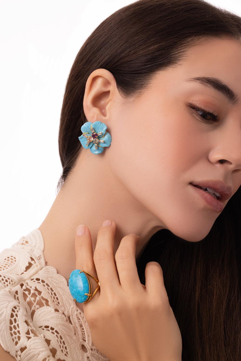 Turquoise Flower Drop Earrings-BLUE-JEWELRYBOUTIQUEEARRING-BOUNKIT JEWELRY