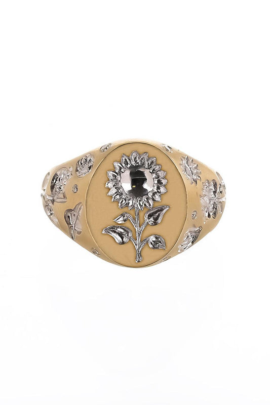 Diamond Mini Sunflower Signet Ring-YELLOW GOLD-4-JEWELRYFINE JEWELRING-CASTRO SMITH