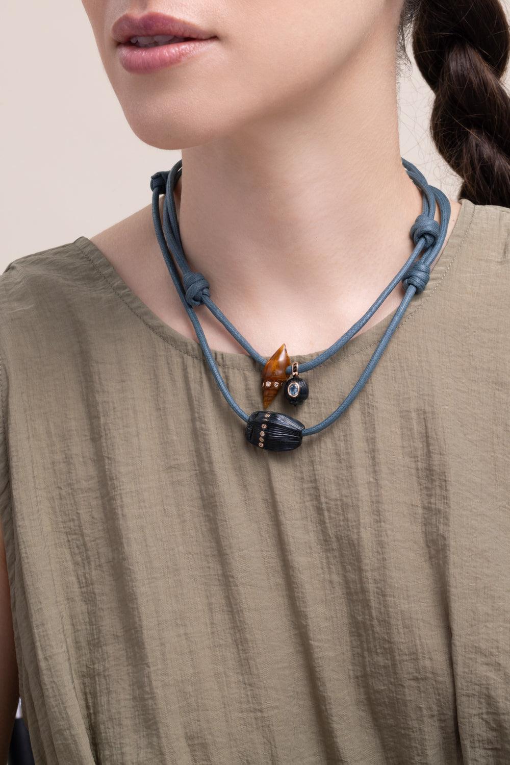Blue Tiger Eye Aquamarine Carved Coquito Necklace-ROSE GOLD-JEWELRYFINE JEWELNECKLACE O-DEZSO BY SARA BELTRAN
