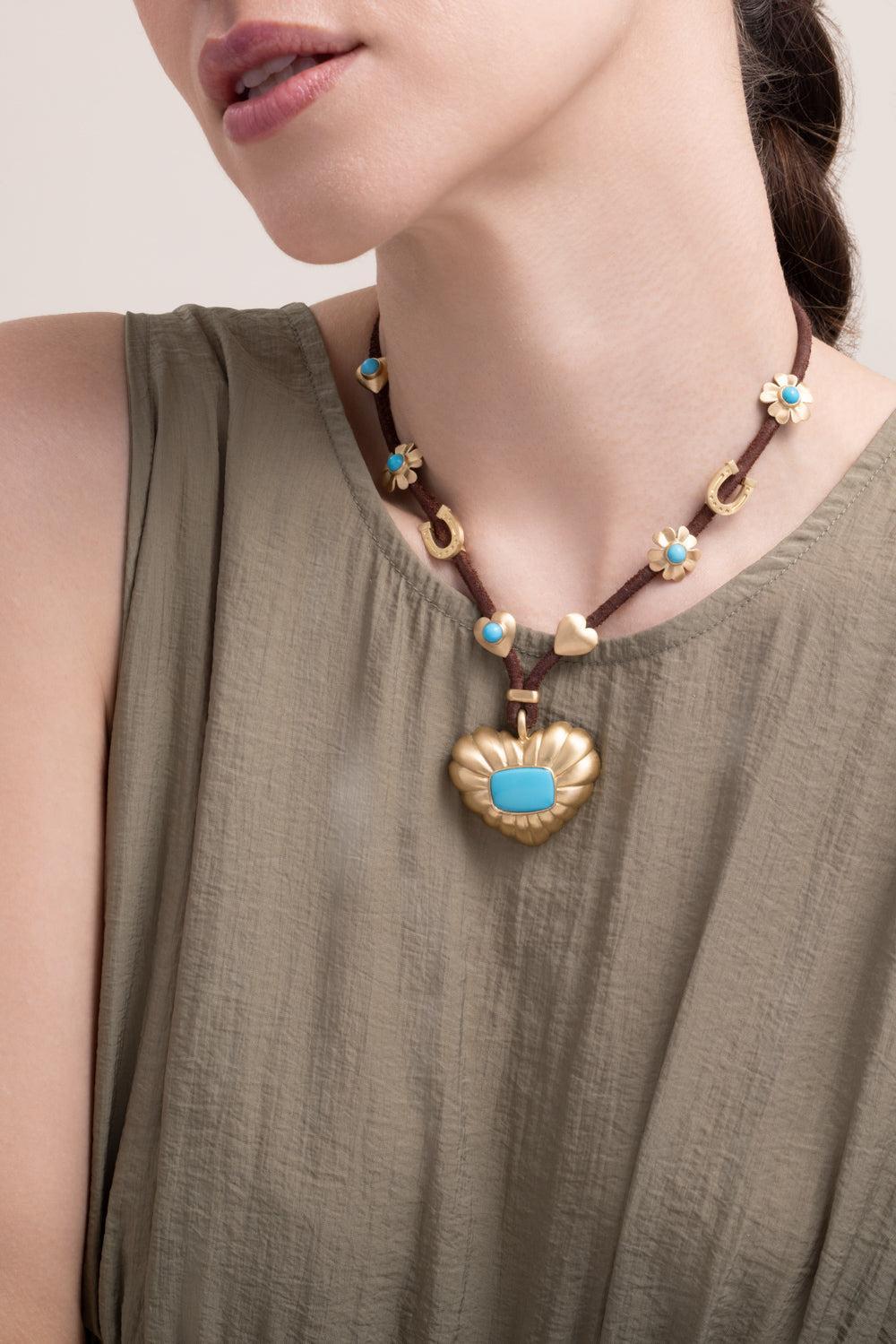 Turquoise Charms Leather Necklace-YELLOW GOLD-JEWELRYFINE JEWELNECKLACE O-IRENE NEUWIRTH JEWELRY