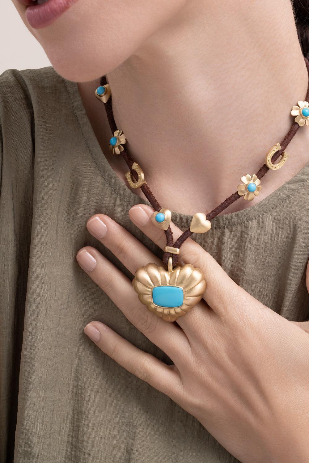 Turquoise Charms Leather Necklace-YELLOW GOLD-JEWELRYFINE JEWELNECKLACE O-IRENE NEUWIRTH JEWELRY