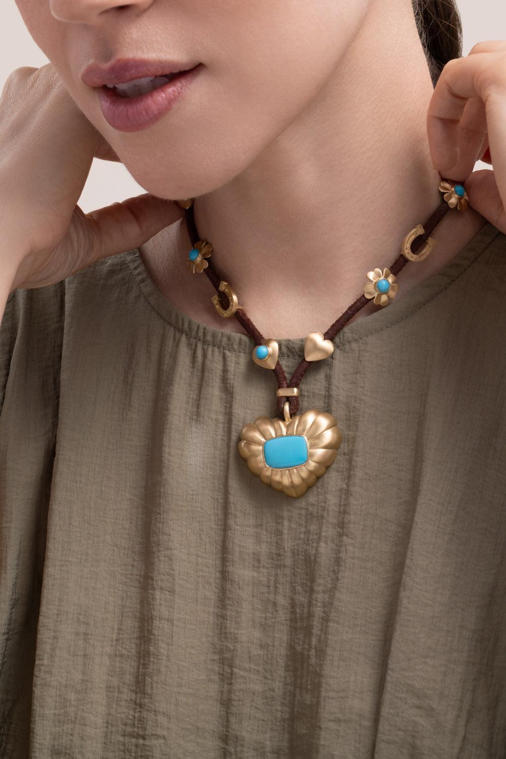 Turquoise Charms Leather Necklace-YELLOW GOLD-JEWELRYFINE JEWELNECKLACE O-IRENE NEUWIRTH JEWELRY