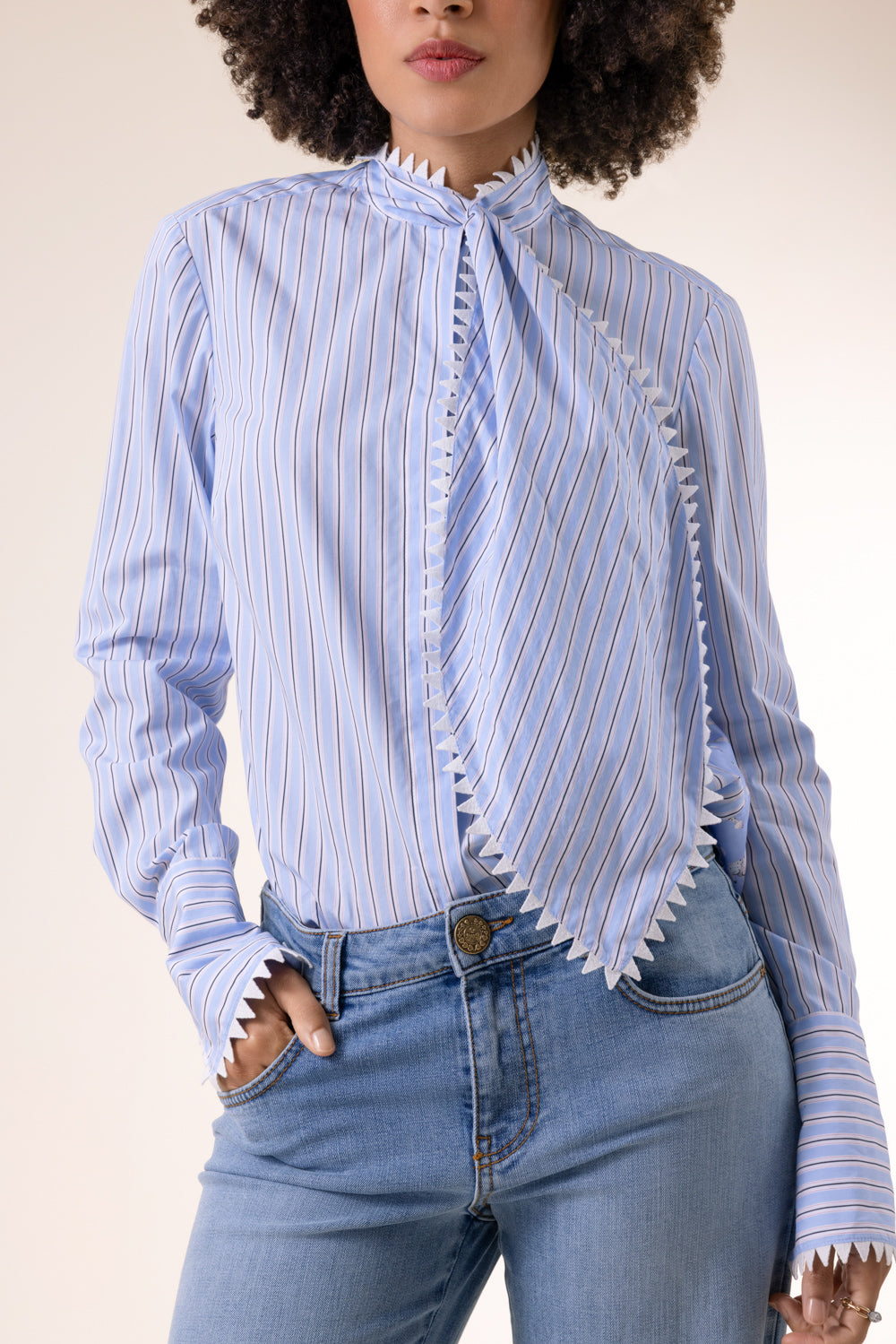Striped Poodle Print Long Sleeve Blouse