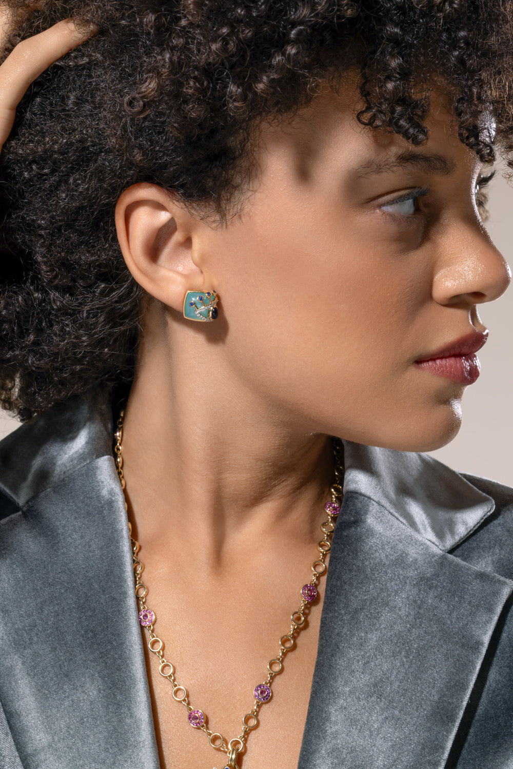 Iolite Sapphire Side Eye Button Earrings