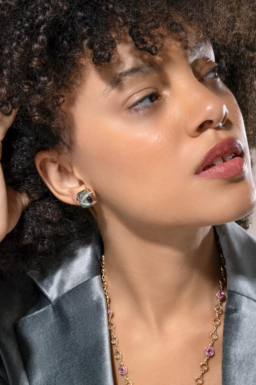Iolite Sapphire Side Eye Button Earrings