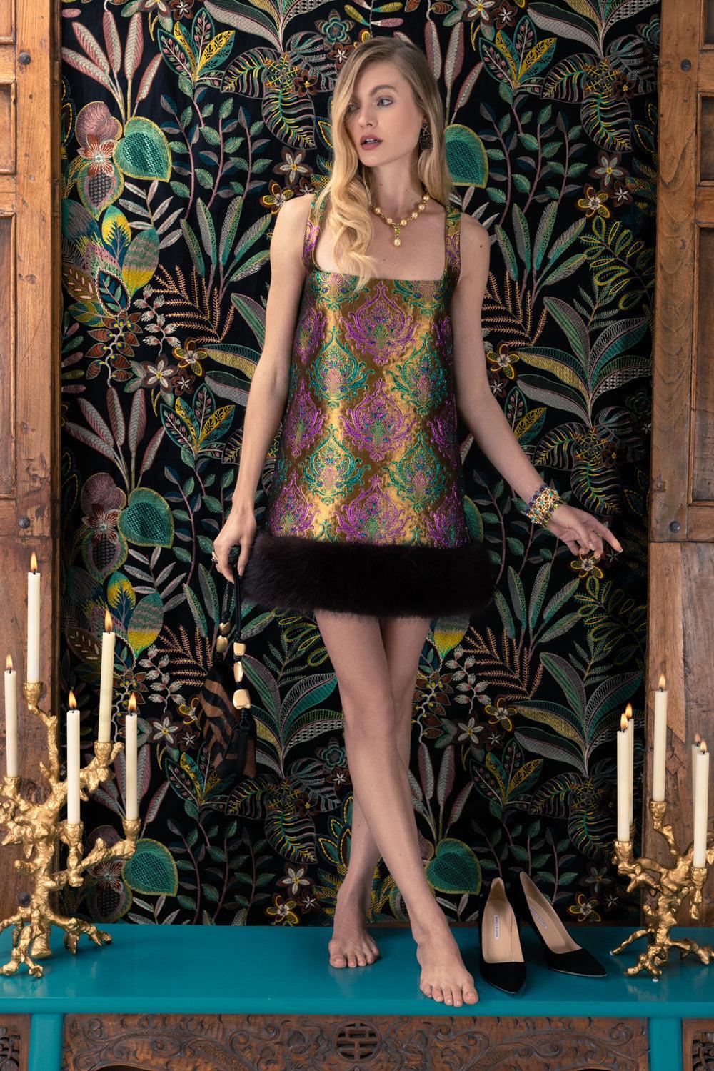 Sulvie Brocade Dress-BROWN-XS-CLOTHINGDRESSCOCKTAIL-RETROFETE