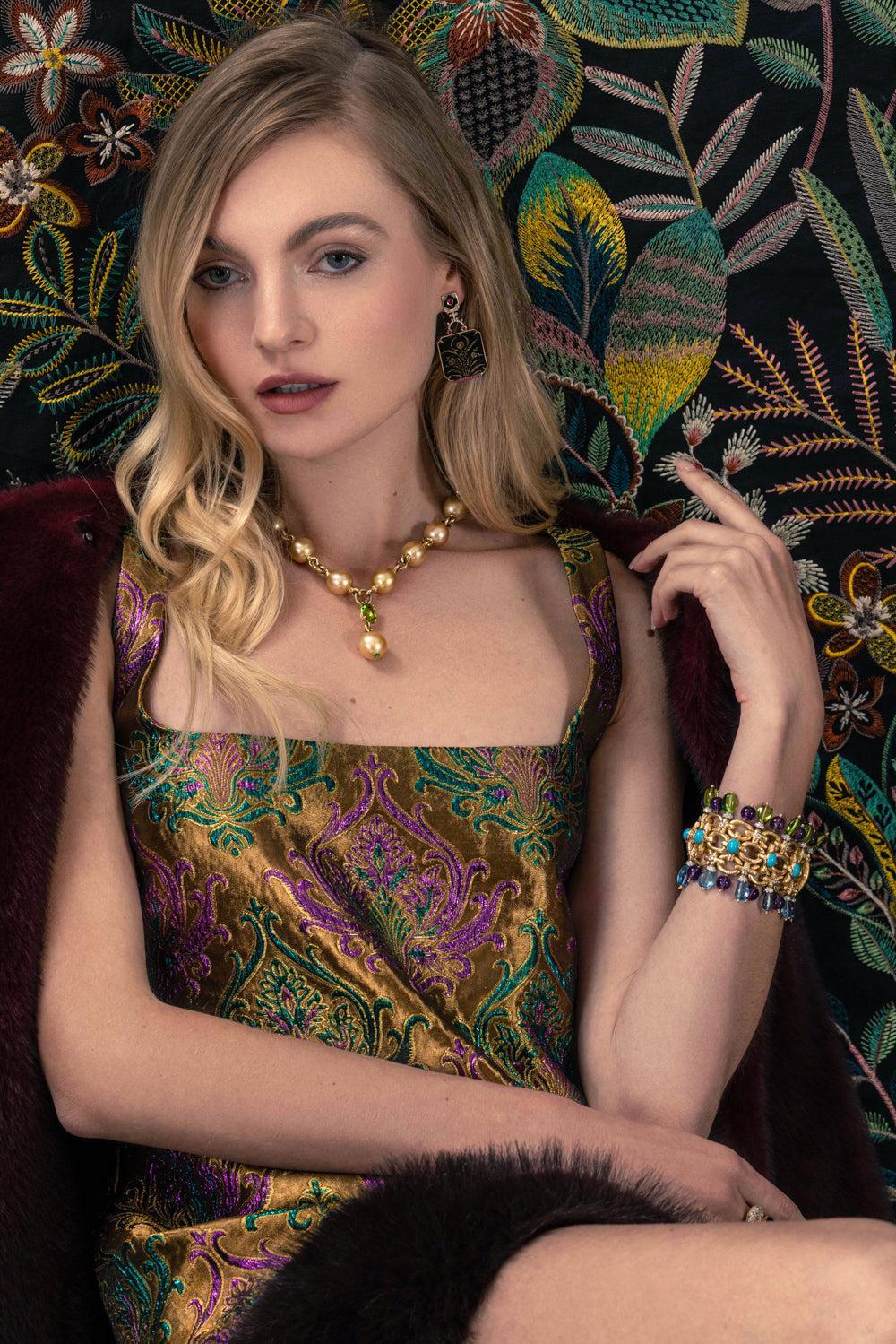 Aquamarine Peridot Diamond Brocade Bracelet-YELLOW GOLD-JEWELRYFINE JEWELBRACELET O-DAVID WEBB