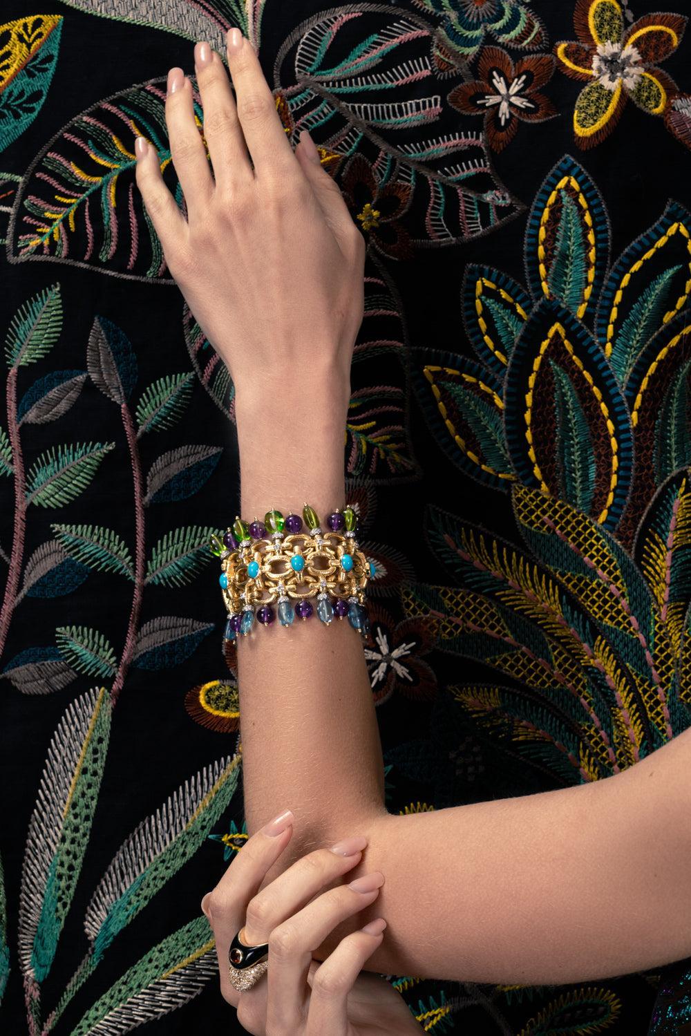 Aquamarine Peridot Diamond Brocade Bracelet-YELLOW GOLD-JEWELRYFINE JEWELBRACELET O-DAVID WEBB