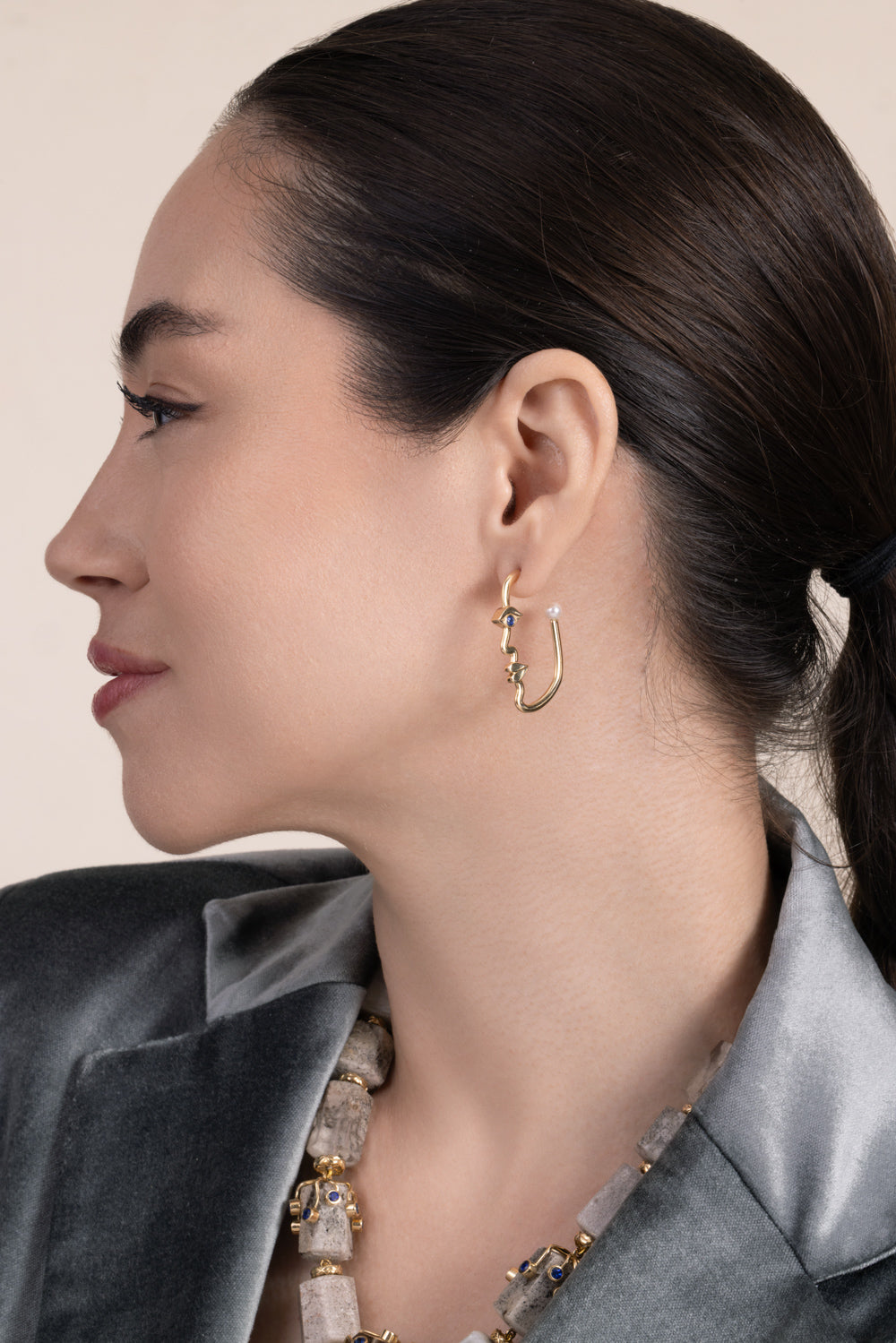 Pearl Sapphire Face Hoop Earrings