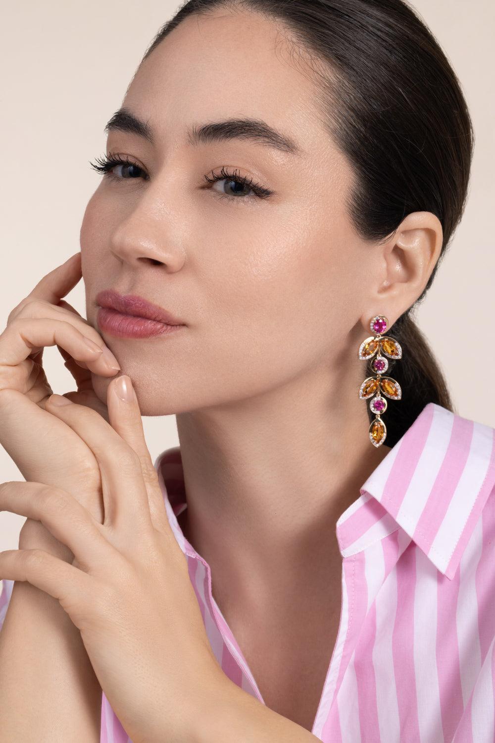 Tourmaline Diamond Falling Leaves Earrings-YELLOW GOLD-JEWELRYFINE JEWELEARRING-EDINA KISS
