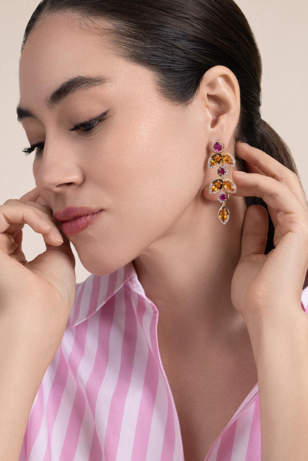Tourmaline Diamond Falling Leaves Earrings-YELLOW GOLD-JEWELRYFINE JEWELEARRING-EDINA KISS