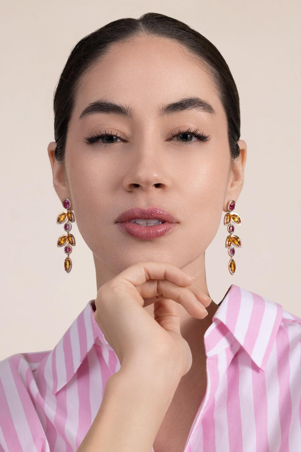 Tourmaline Diamond Falling Leaves Earrings-YELLOW GOLD-JEWELRYFINE JEWELEARRING-EDINA KISS