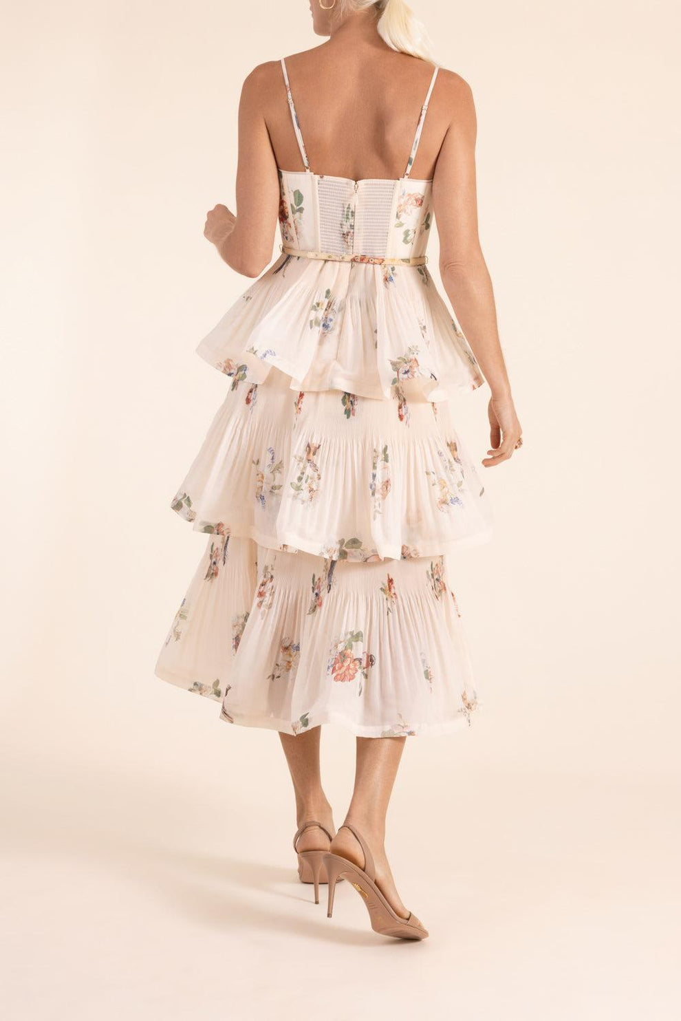 ZIMMERMANN Pleated Tiered Midi Dress | Cream Bird Print