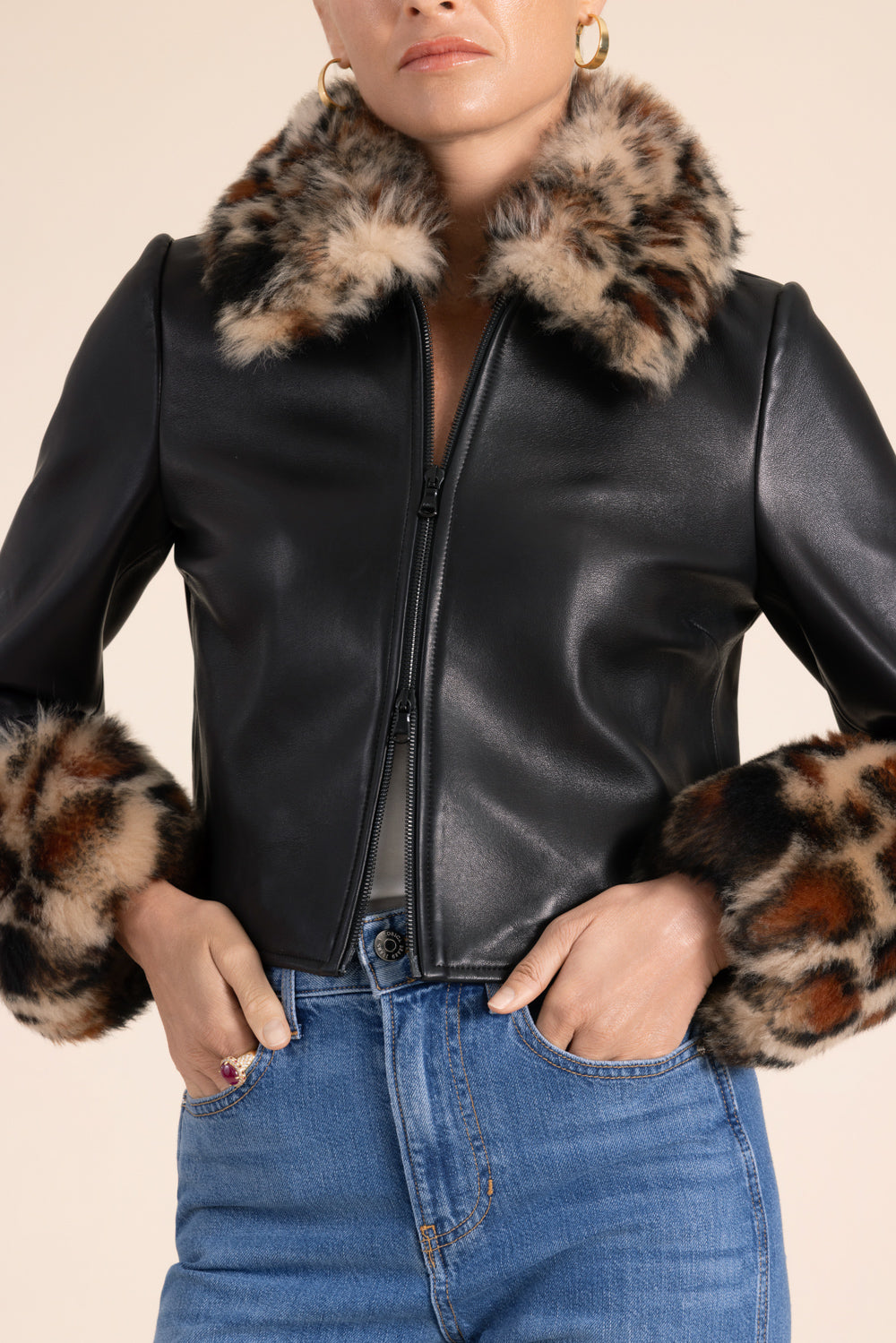Leopard Trim Leather Jacket