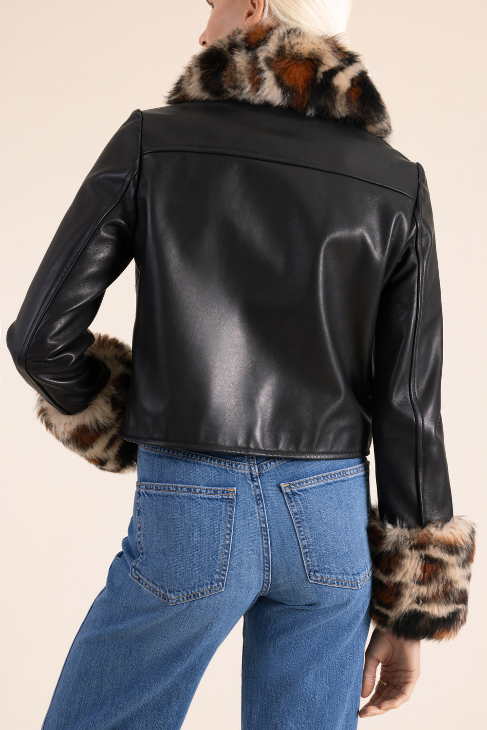 Leopard Trim Leather Jacket