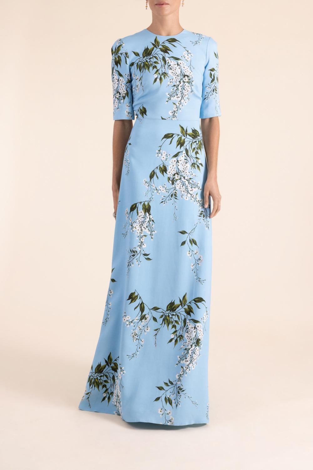 Short Sleeve Floral Gown-BLUE-2-CLOTHINGDRESSGOWN-MONIQUE LHUILLIER