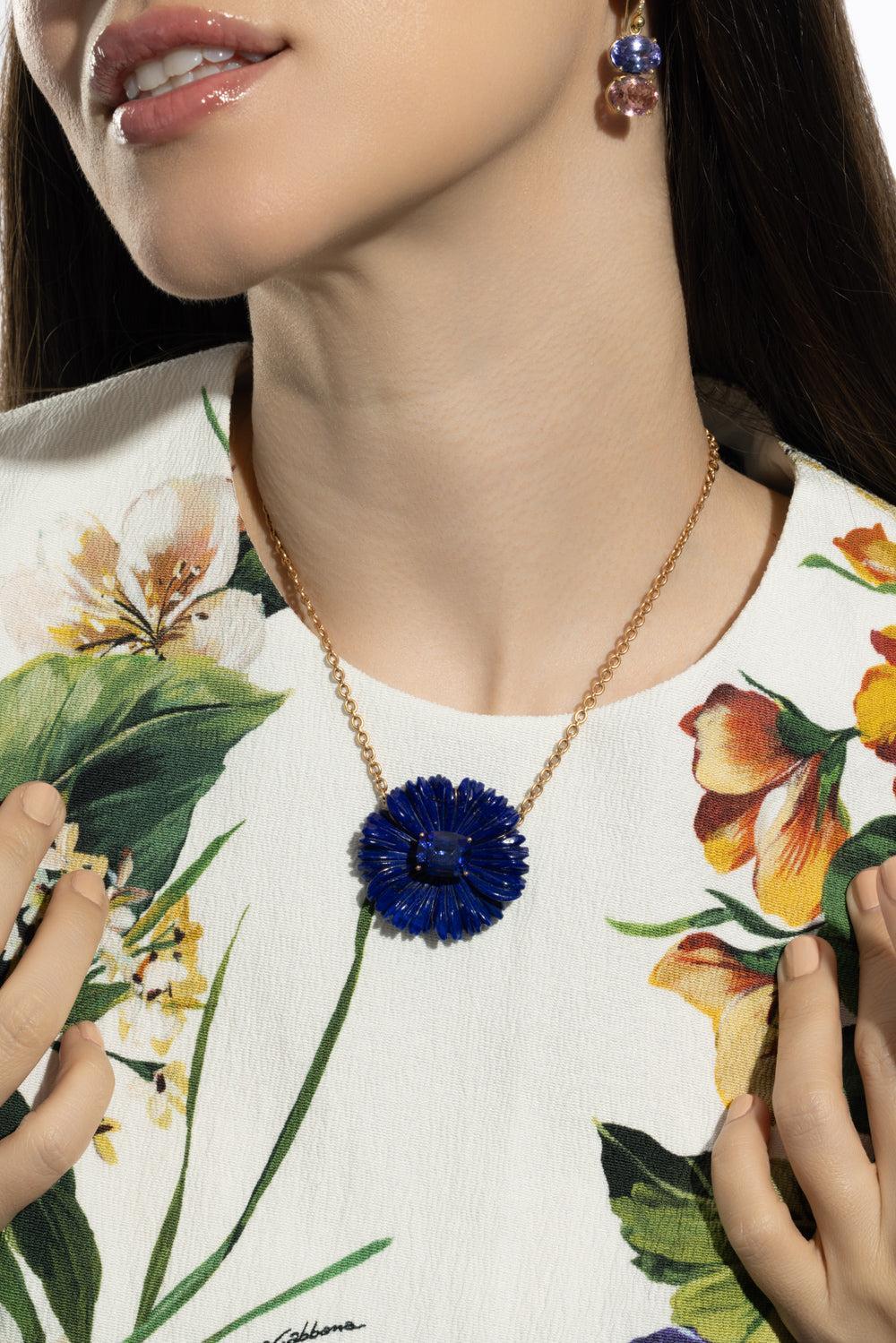 Lapis Tanzanite Tropical Flower Necklace-ROSE GOLD-JEWELRYFINE JEWELNECKLACE O-IRENE NEUWIRTH JEWELRY