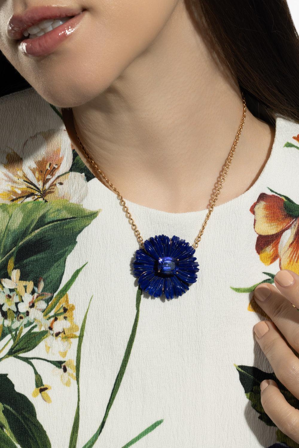 Lapis Tanzanite Tropical Flower Necklace-ROSE GOLD-JEWELRYFINE JEWELNECKLACE O-IRENE NEUWIRTH JEWELRY