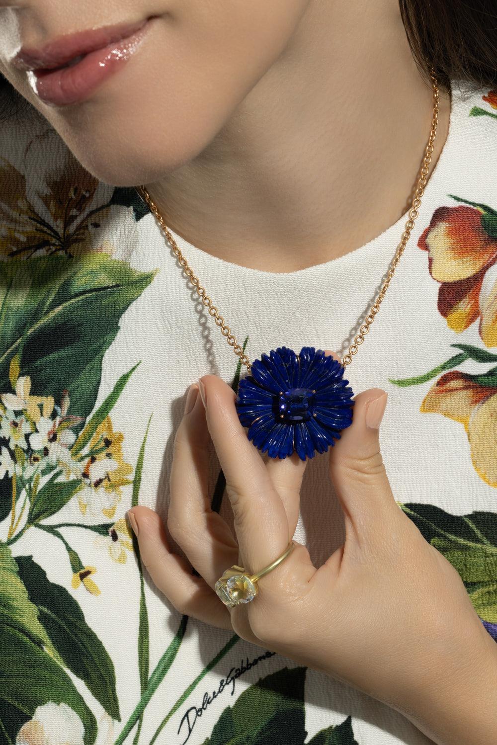 Lapis Tanzanite Tropical Flower Necklace-ROSE GOLD-JEWELRYFINE JEWELNECKLACE O-IRENE NEUWIRTH JEWELRY