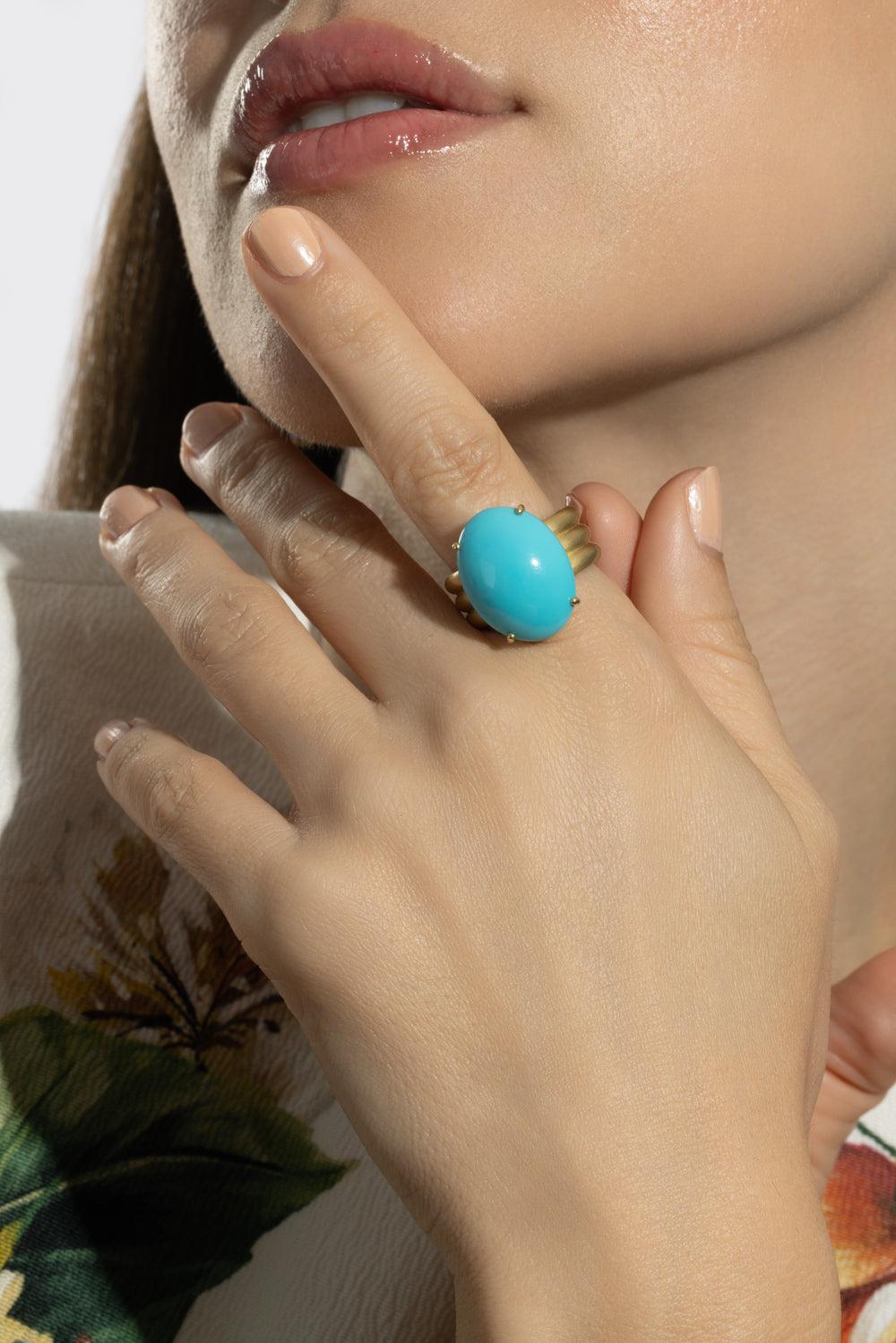 Turquoise Cabochon Heroic Ring-YELLOW GOLD-7.25-JEWELRYFINE JEWELRING-IRENE NEUWIRTH JEWELRY