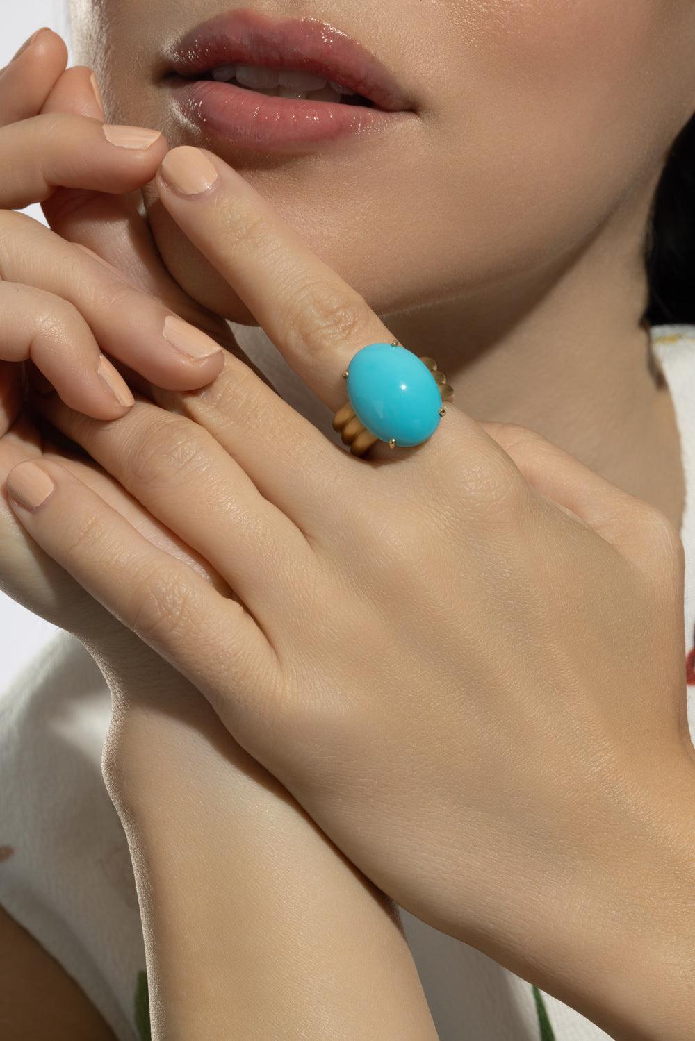 Turquoise Cabochon Heroic Ring-YELLOW GOLD-7.25-JEWELRYFINE JEWELRING-IRENE NEUWIRTH JEWELRY