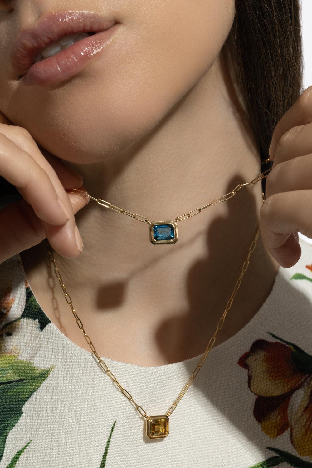 London Blue Topaz Manhattan Necklace-YELLOW GOLD-16-JEWELRYFINE JEWELNECKLACE O-GOSHWARA