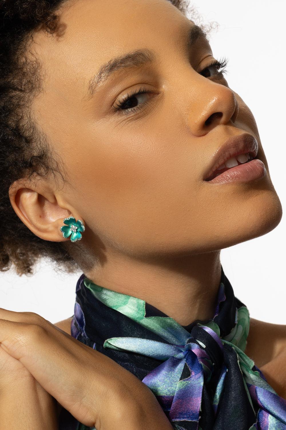 Light Green Diamond Flower Earrings-TITANIUM-JEWELRYFINE JEWELEARRING-SABOO FINE JEWELS