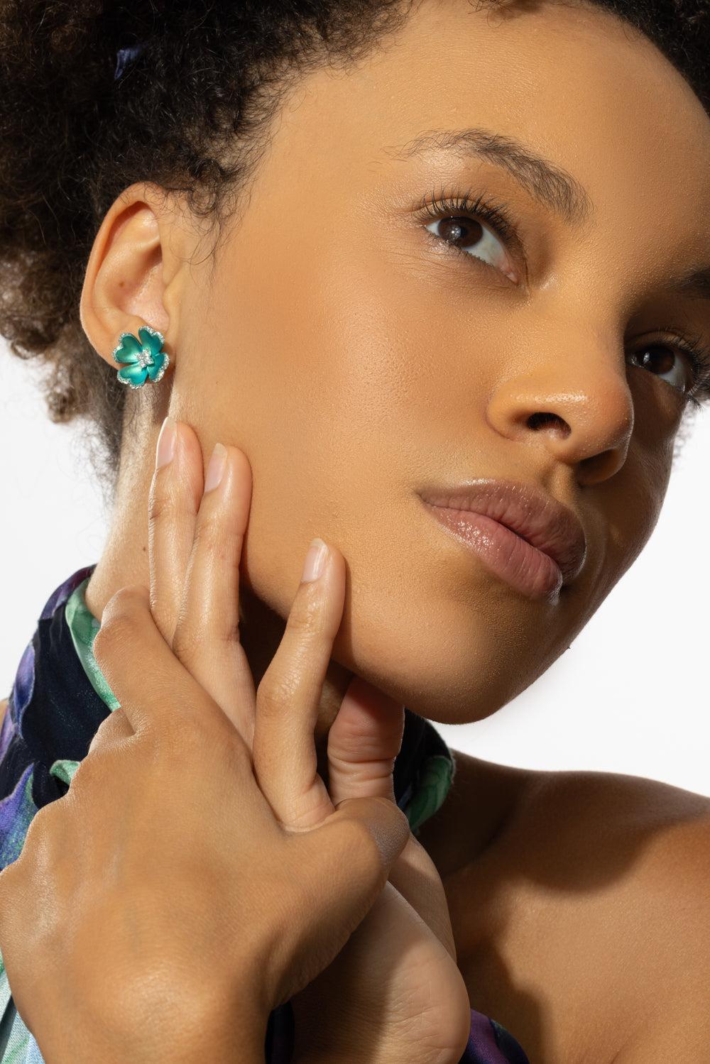 Light Green Diamond Flower Earrings-TITANIUM-JEWELRYFINE JEWELEARRING-SABOO FINE JEWELS