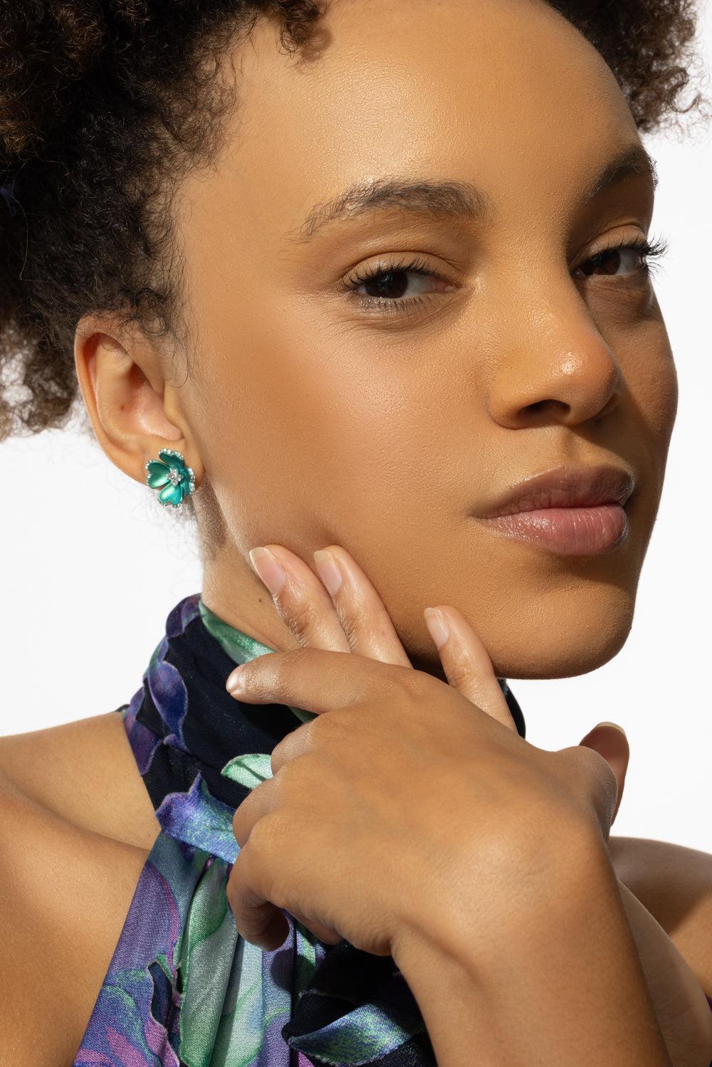 Light Green Diamond Flower Earrings-TITANIUM-JEWELRYFINE JEWELEARRING-SABOO FINE JEWELS