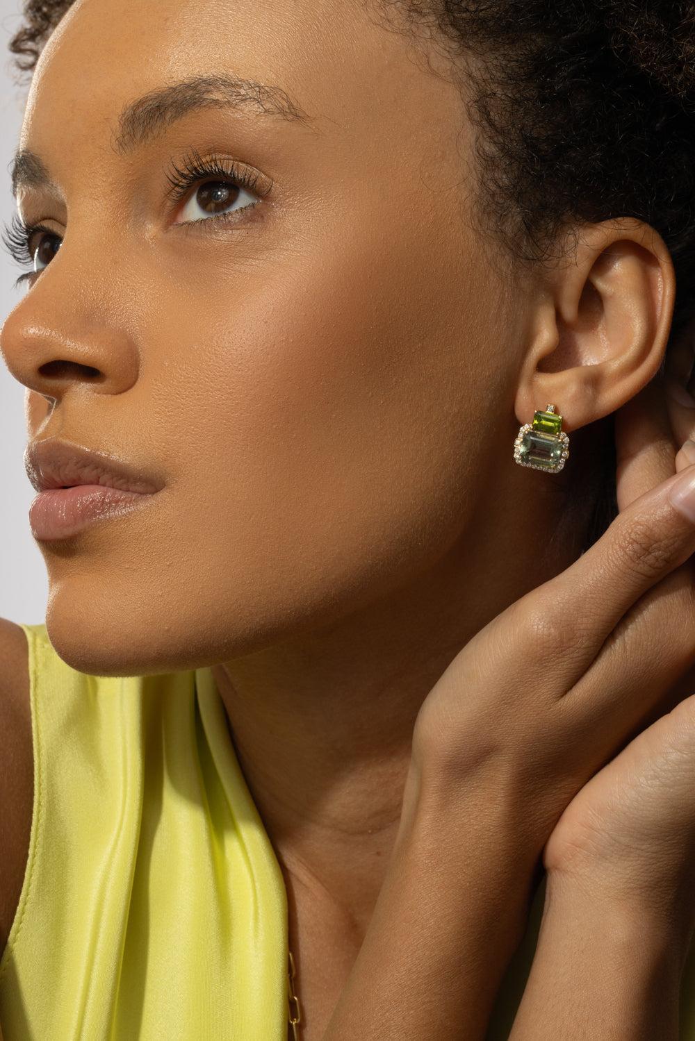 Prasiolite Peridot Two Drop Gossip Earrinngs-YELLOW GOLD-JEWELRYFINE JEWELEARRING-GOSHWARA