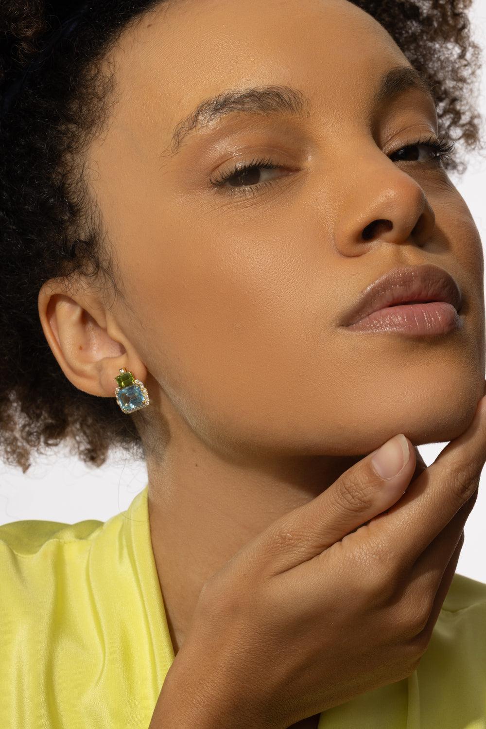 Blue topaz Peridot Two Drop Gossip Earrings-YELLOW GOLD-JEWELRYFINE JEWELEARRING-GOSHWARA