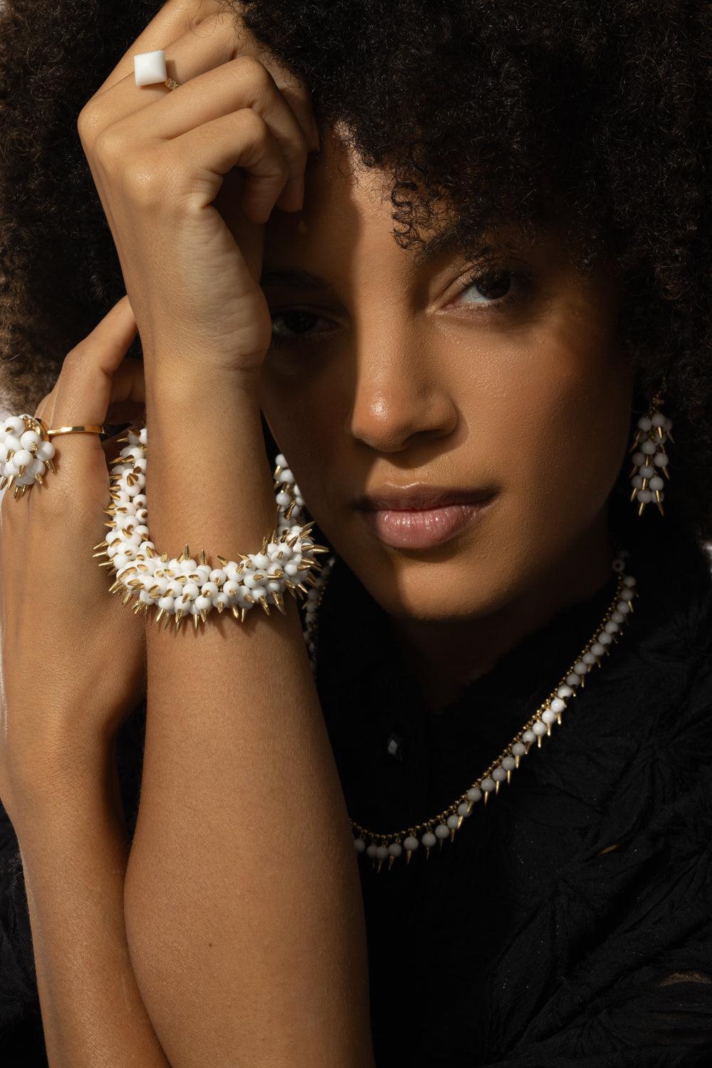 White Onyx Spiked Muse Bracelet-YELLOW GOLD-JEWELRYFINE JEWELBRACELET O-ALETTO BROTHERS