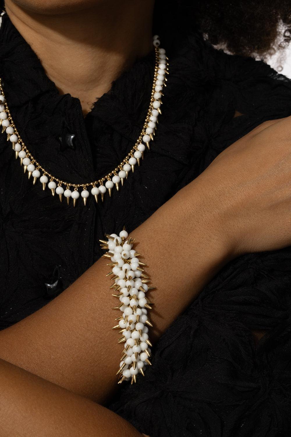 White Onyx Spiked Muse Bracelet-YELLOW GOLD-JEWELRYFINE JEWELBRACELET O-ALETTO BROTHERS