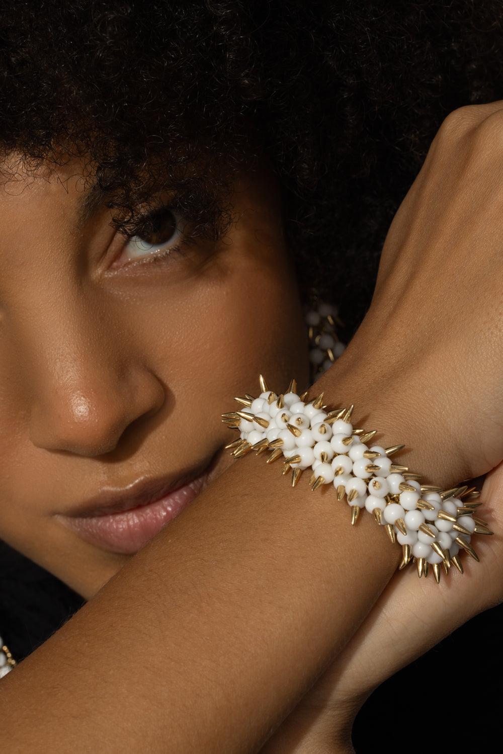 White Onyx Spiked Muse Bracelet-YELLOW GOLD-JEWELRYFINE JEWELBRACELET O-ALETTO BROTHERS