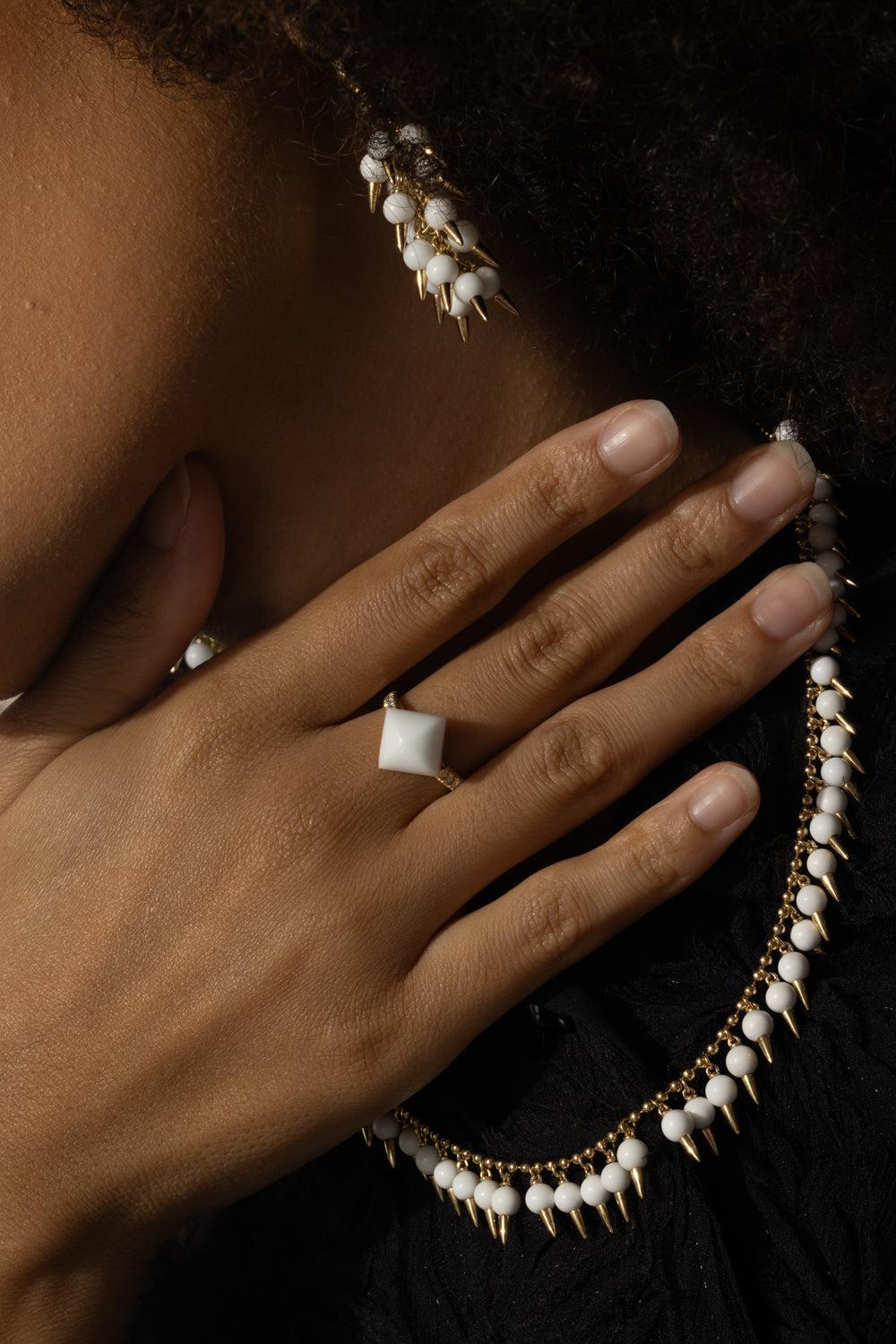 White Black Onyx Diamond Piramide Ring-YELLOW GOLD-JEWELRYFINE JEWELRING-ALETTO BROTHERS