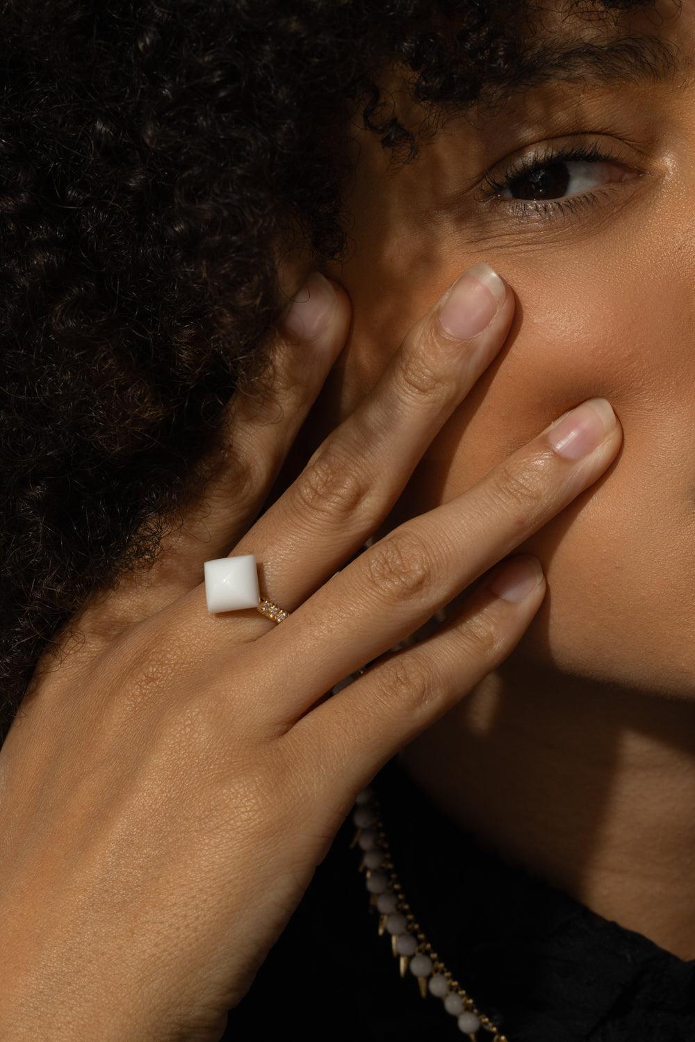 White Black Onyx Diamond Piramide Ring-YELLOW GOLD-JEWELRYFINE JEWELRING-ALETTO BROTHERS