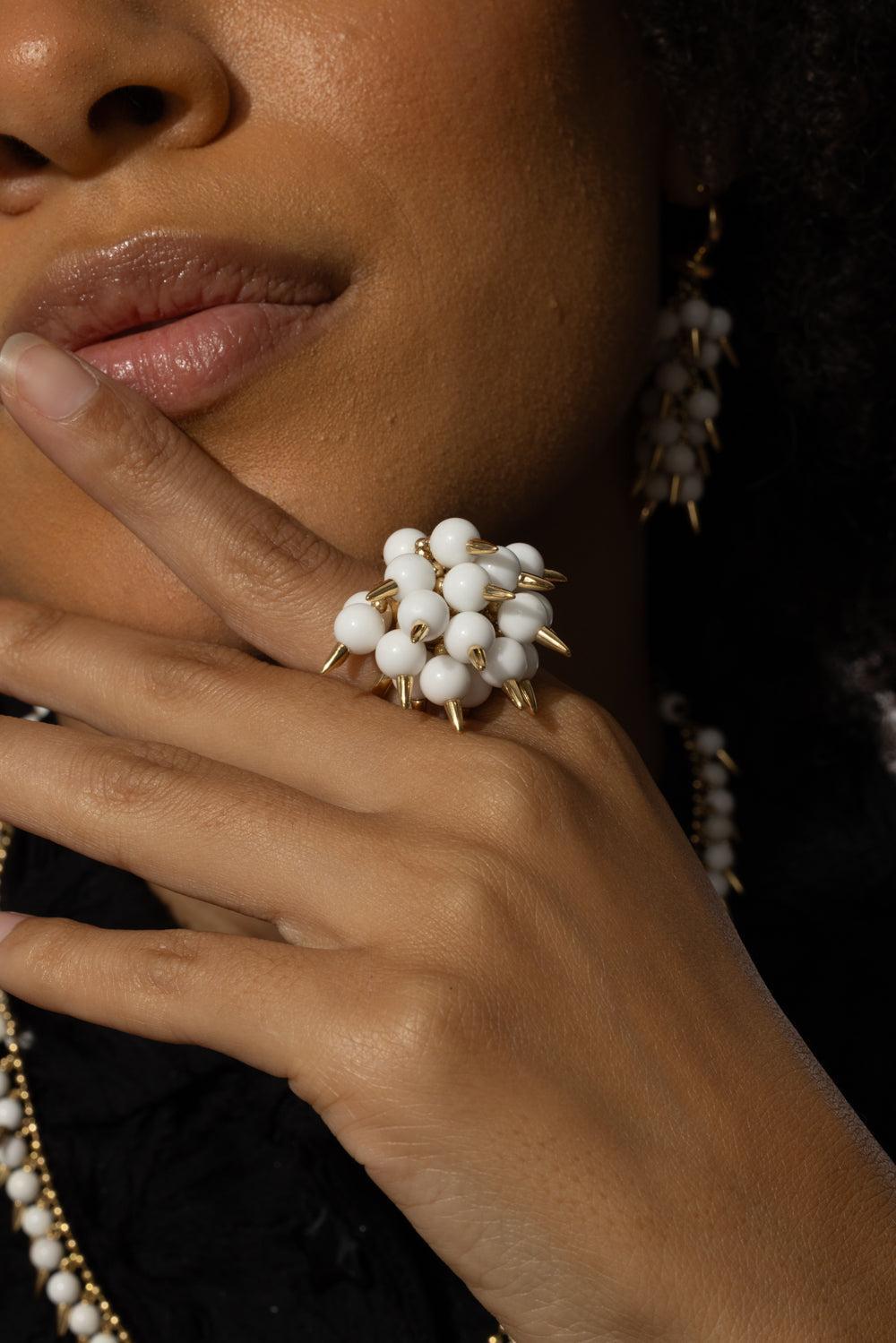 White Onyx Diamond Spiked Muse Ring-YELLOW GOLD-JEWELRYFINE JEWELRING-ALETTO BROTHERS