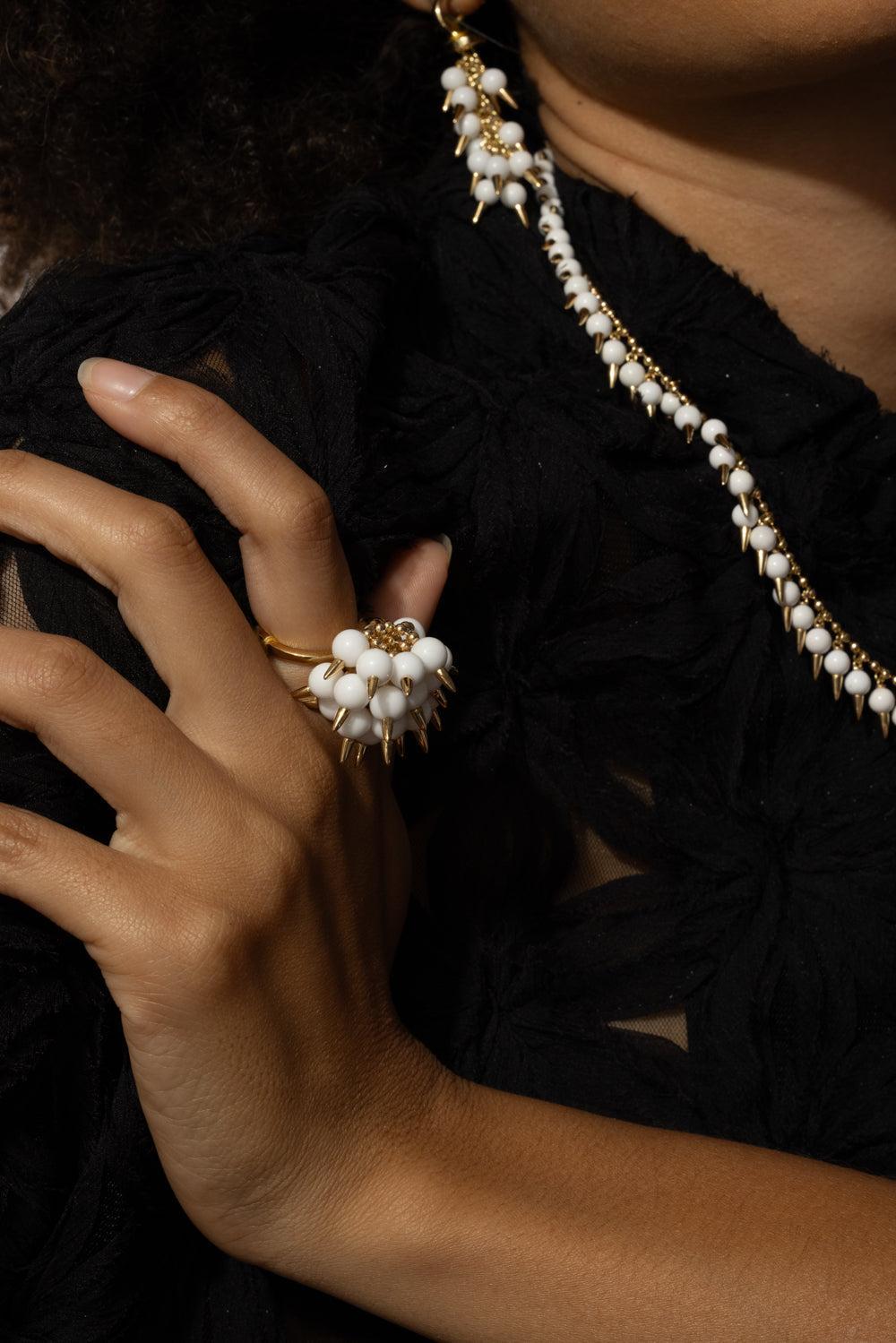 White Onyx Diamond Spiked Muse Ring-YELLOW GOLD-JEWELRYFINE JEWELRING-ALETTO BROTHERS