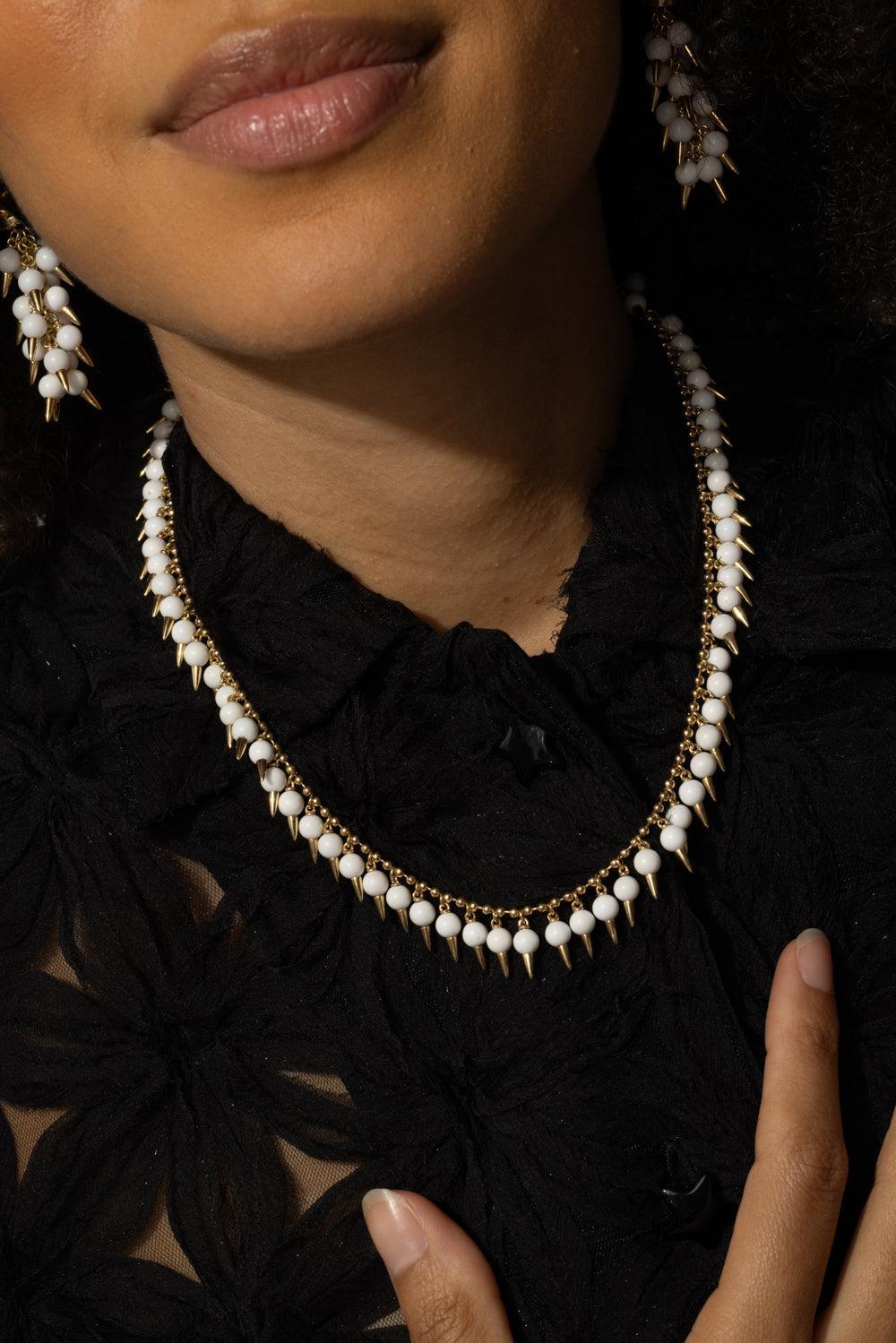 Whte Onyx Spiked Muse Necklace-YELLOW GOLD-JEWELRYFINE JEWELNECKLACE O-ALETTO BROTHERS