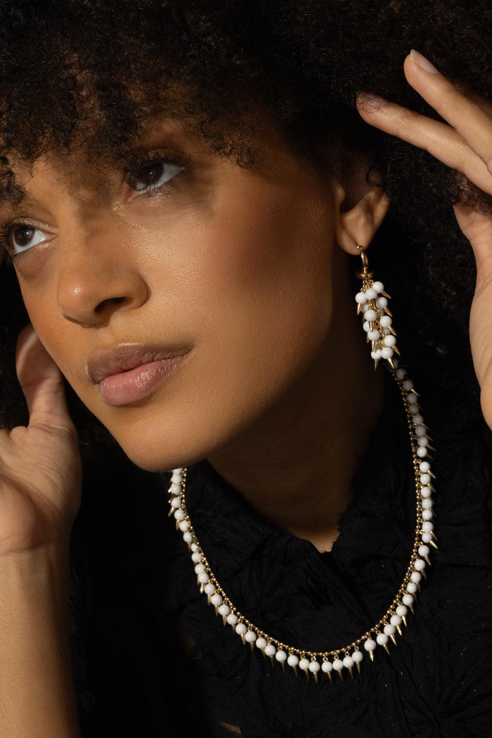 White Onyx Spiked Muse Earrings-YELLOW GOLD-JEWELRYFINE JEWELEARRING-ALETTO BROTHERS