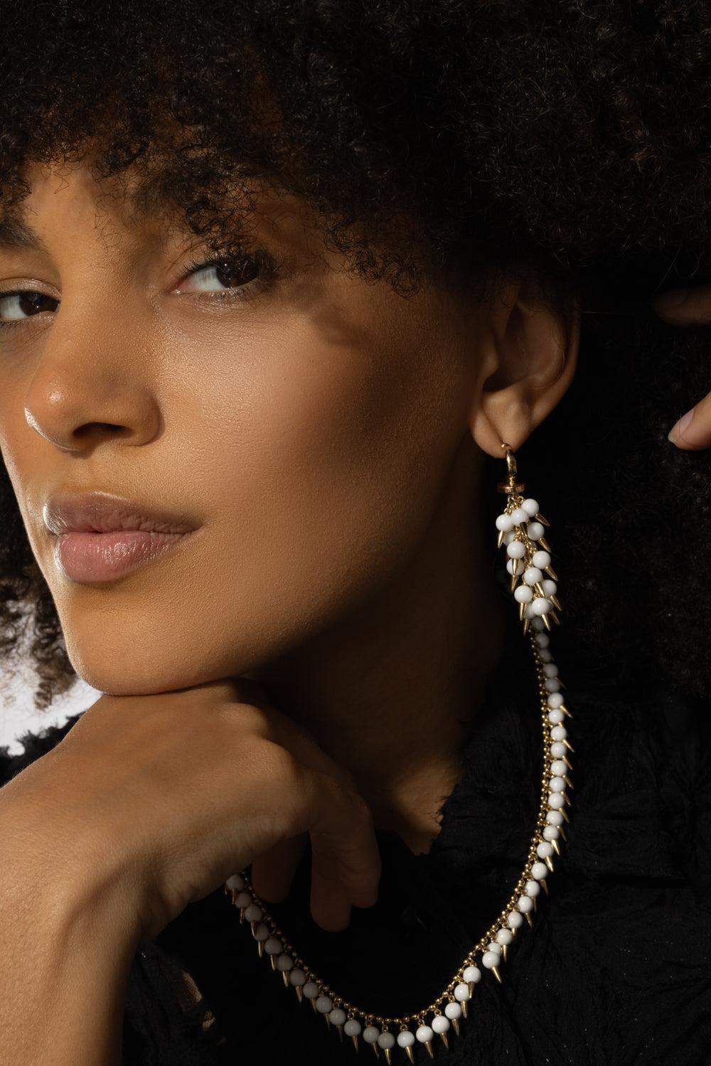 White Onyx Spiked Muse Earrings-YELLOW GOLD-JEWELRYFINE JEWELEARRING-ALETTO BROTHERS