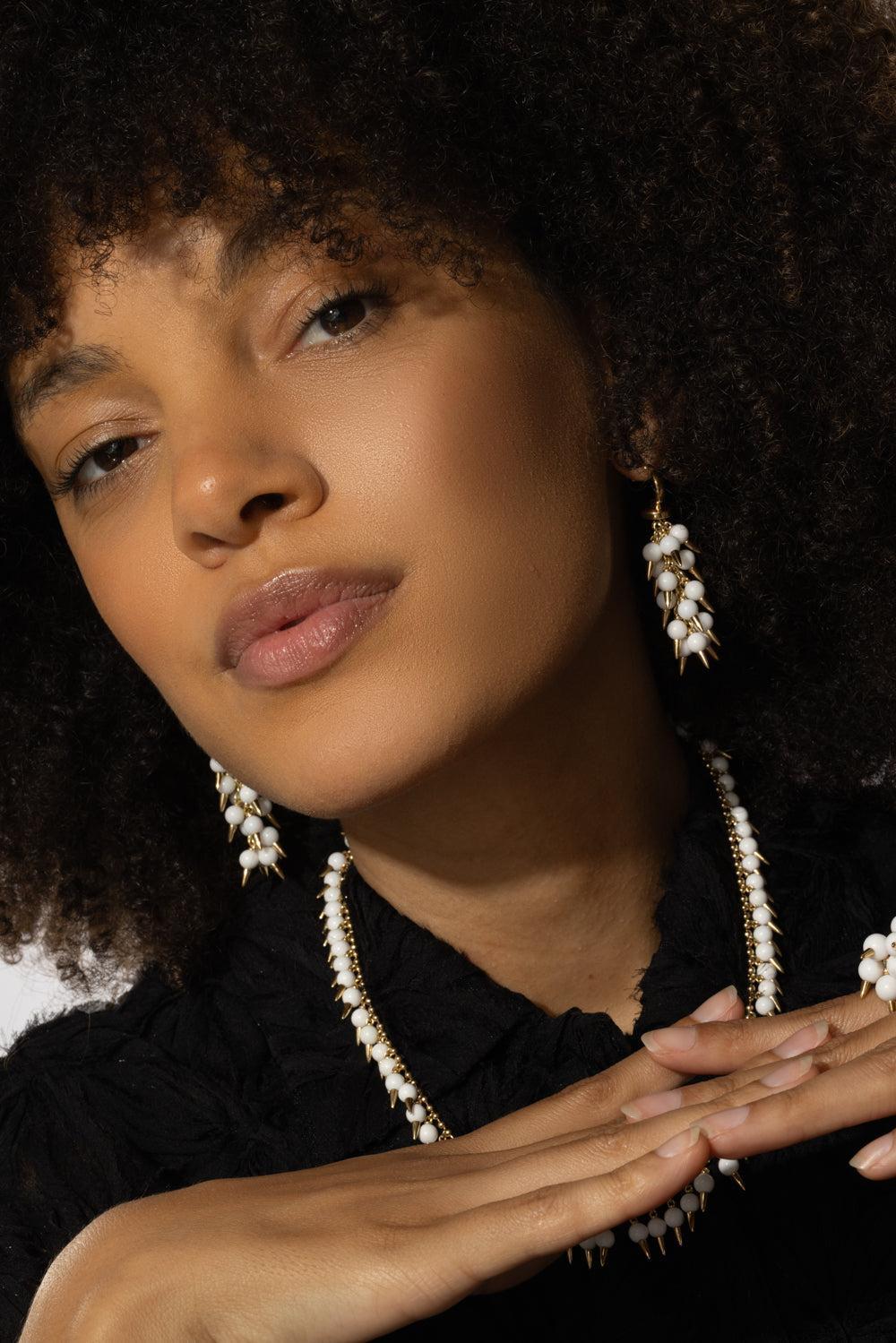 White Onyx Spiked Muse Earrings-YELLOW GOLD-JEWELRYFINE JEWELEARRING-ALETTO BROTHERS