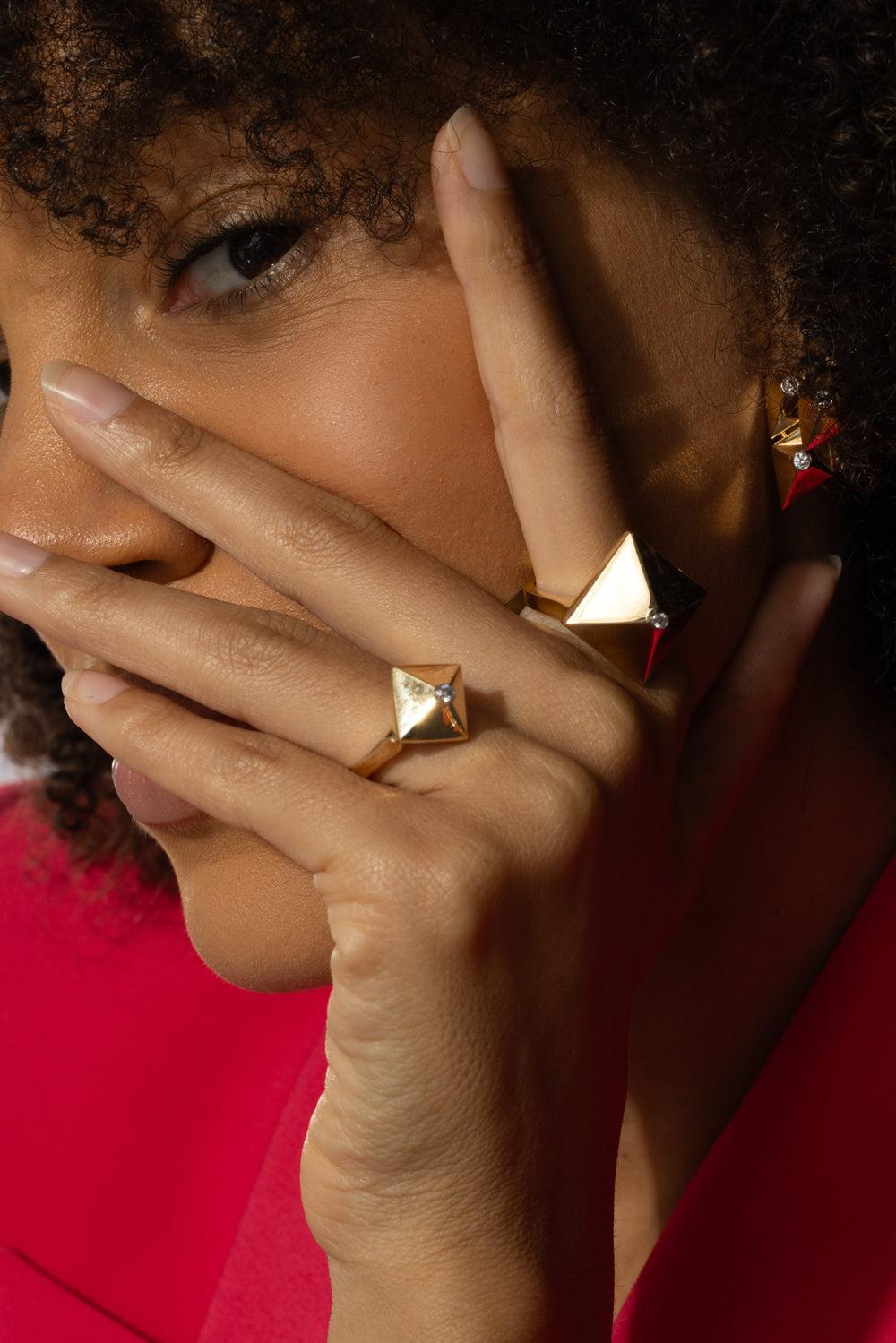 Mini Diamond Accent Piramide Ring-YELLOW GOLD-JEWELRYFINE JEWELRING-ALETTO BROTHERS