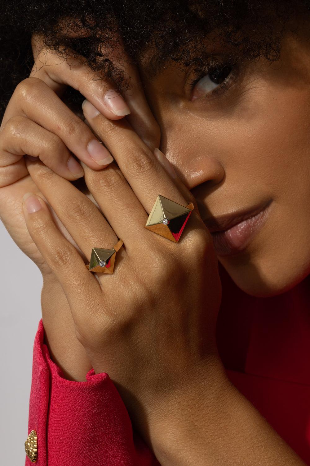 Mini Diamond Accent Piramide Ring-YELLOW GOLD-JEWELRYFINE JEWELRING-ALETTO BROTHERS